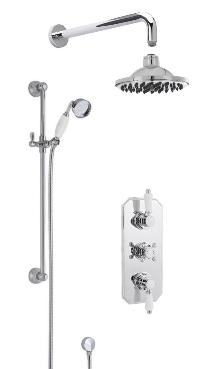 Launde Abbey Victorian Traditional Thermostatic Concealed Triple Valve with Single Function Slider Rail Kit & Outlet Elbow & Wall Mount Shower Arm and Round Fixed Head Shower Kit - Chrome - TAP 'N' SHOWER