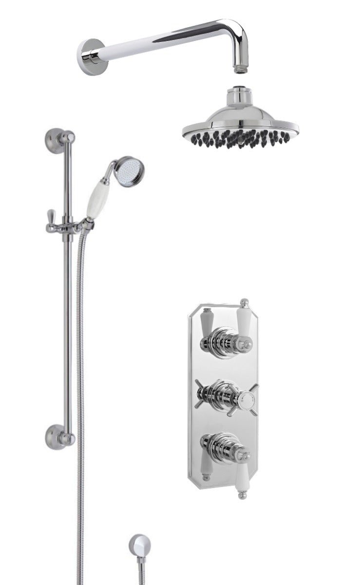 Launde Abbey Edwardian Traditional Thermostatic Concealed Triple Valve Single Function Slider Rail Kit & Outlet Elbow & Wall Mount Shower Arm and Round Fixed Head Shower Kit - TAP 'N' SHOWER