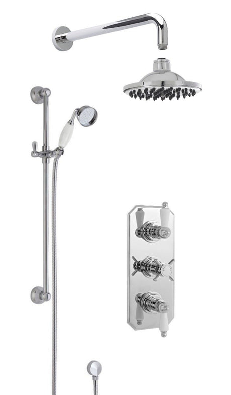 Launde Abbey Edwardian Traditional Thermostatic Concealed Triple Valve Single Function Slider Rail Kit & Outlet Elbow & Wall Mount Shower Arm and Round Fixed Head Shower Kit - TAP 'N' SHOWER