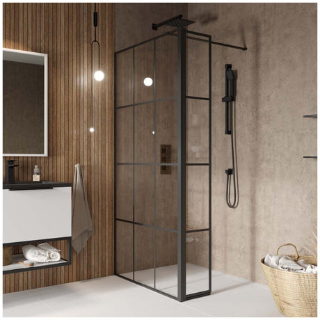 Scudo S8 Grid Flipper Panel Clear Glass - Matt Black - GRIDFLIPPER - TAP 'N' SHOWER