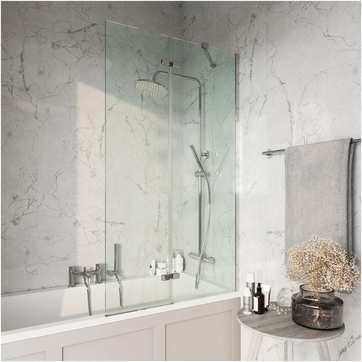 Scudo Square Bath Screen 900mm chrome fixed panel glass in modern bathroom