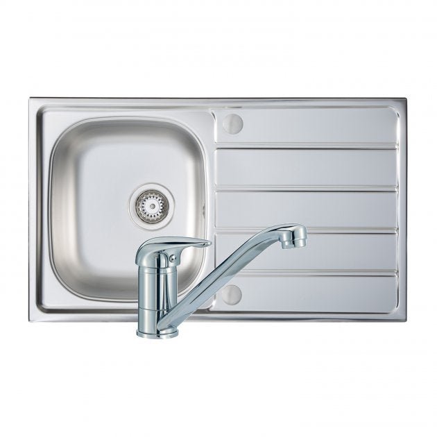 Prima One Bowl Kitchen Sink with Sink Tap and Waste Kit 860mm Length x 500mm Width - Stainless Steel - CPR040 - TAP 'N' SHOWER
