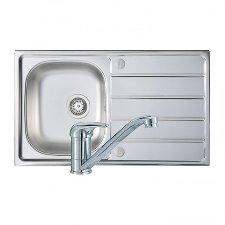 Prima One Bowl Kitchen Sink with Sink Tap and Waste Kit 860mm Length x 500mm Width - Stainless Steel - CPR040 - TAP 'N' SHOWER