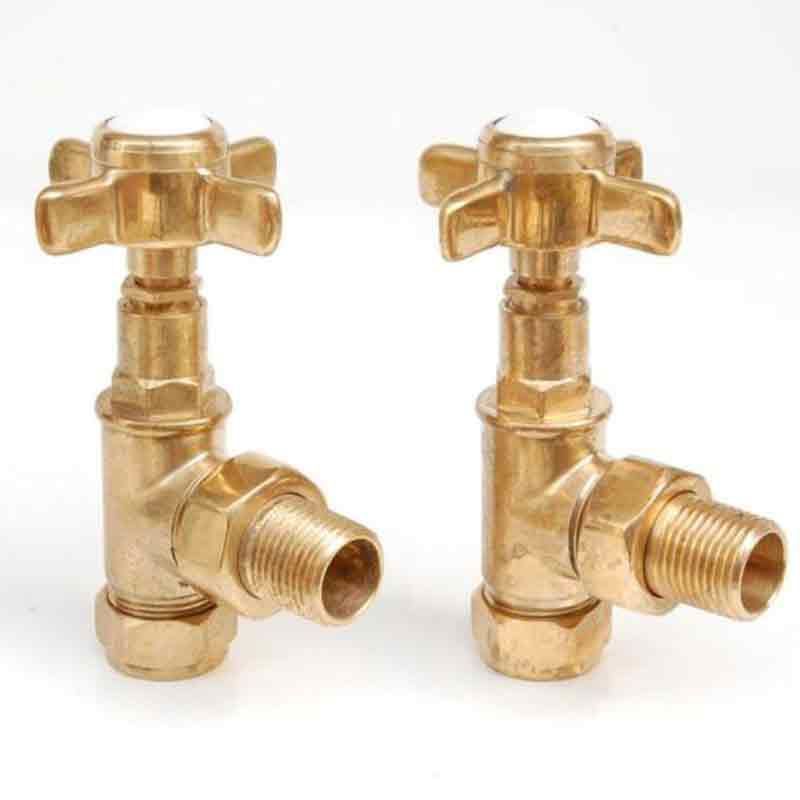 Towelrads Angled Crosshead Manual Valve & Lockshield - Unlacquered Brass - 129087 - TAP 'N' SHOWER