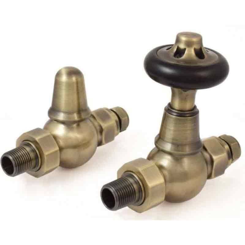 Towelrads Straight TRV and Lockshield - Antique Brass with Brown Handle - 129103 - TAP 'N' SHOWER