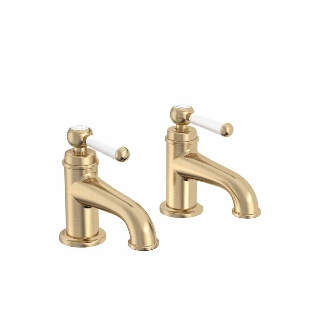 Tavistock Lansdown Basin Taps in brushed brass with dual handles, modern durable bathroom mixer set without waste