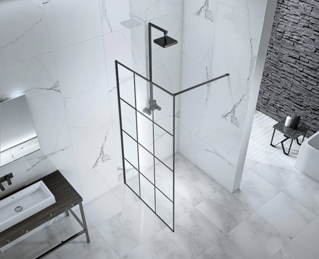 Aquaglass 1200mm Velar 8mm Black Walk-In Front Panel with Towel Rail -