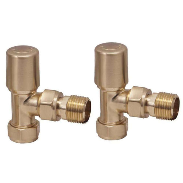 Scudo Radiator Valve Angled 15mm Pair in Brushed Brass for bathroom radiator installation