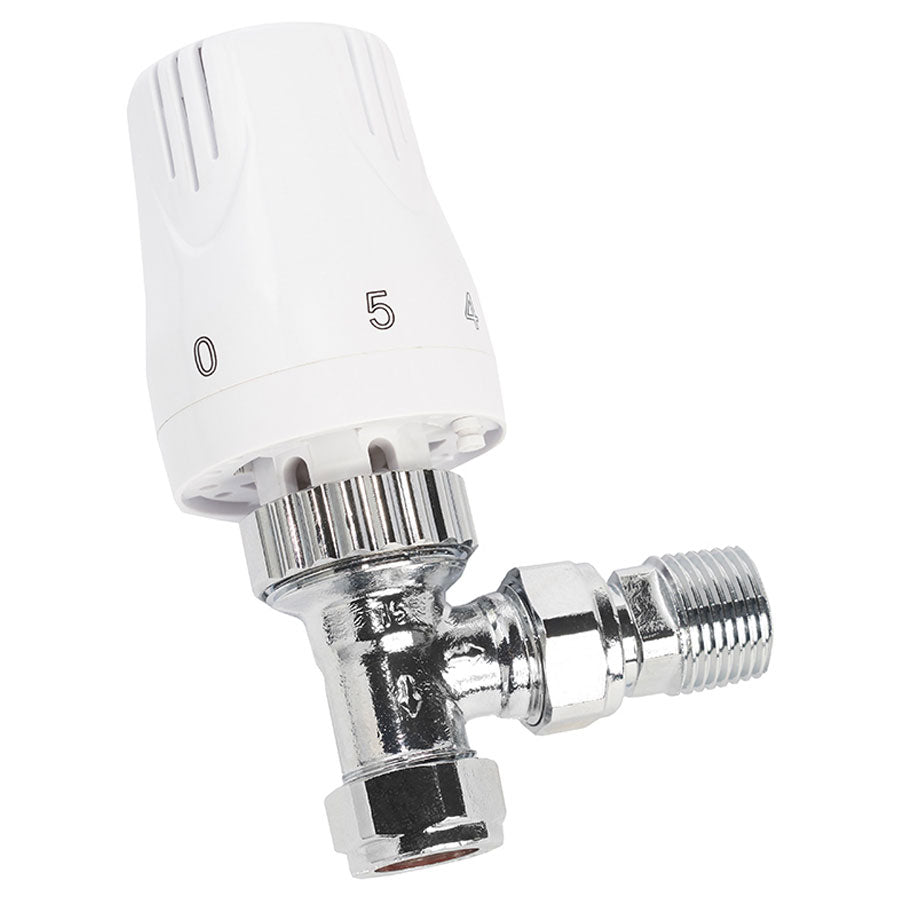 Ultraheat Angled Thermostatic Radiator Valve with TRV Head - White - UAW850N - TAP 'N' SHOWER
