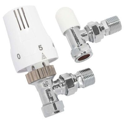 Ultraheat Angled Thermostatic Radiator Valve with TRV Head and Lockshield - White - UAW850NL - TAP 'N' SHOWER
