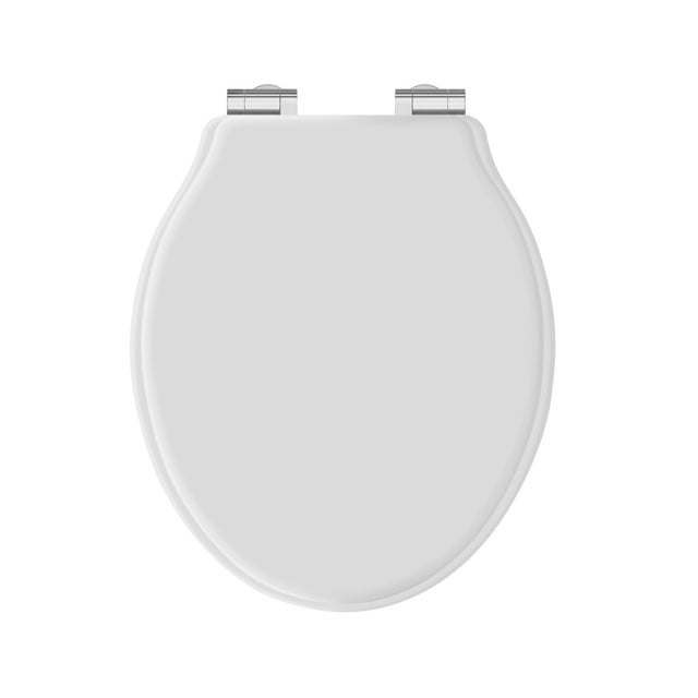 Launde Abbey Victrion White Matt Toilet Soft Close Seat - Brushed Chrome - TAP 'N' SHOWER