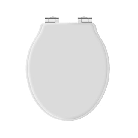 Launde Abbey Victrion White Matt Toilet Soft Close Seat - Brushed Chrome - TAP 'N' SHOWER
