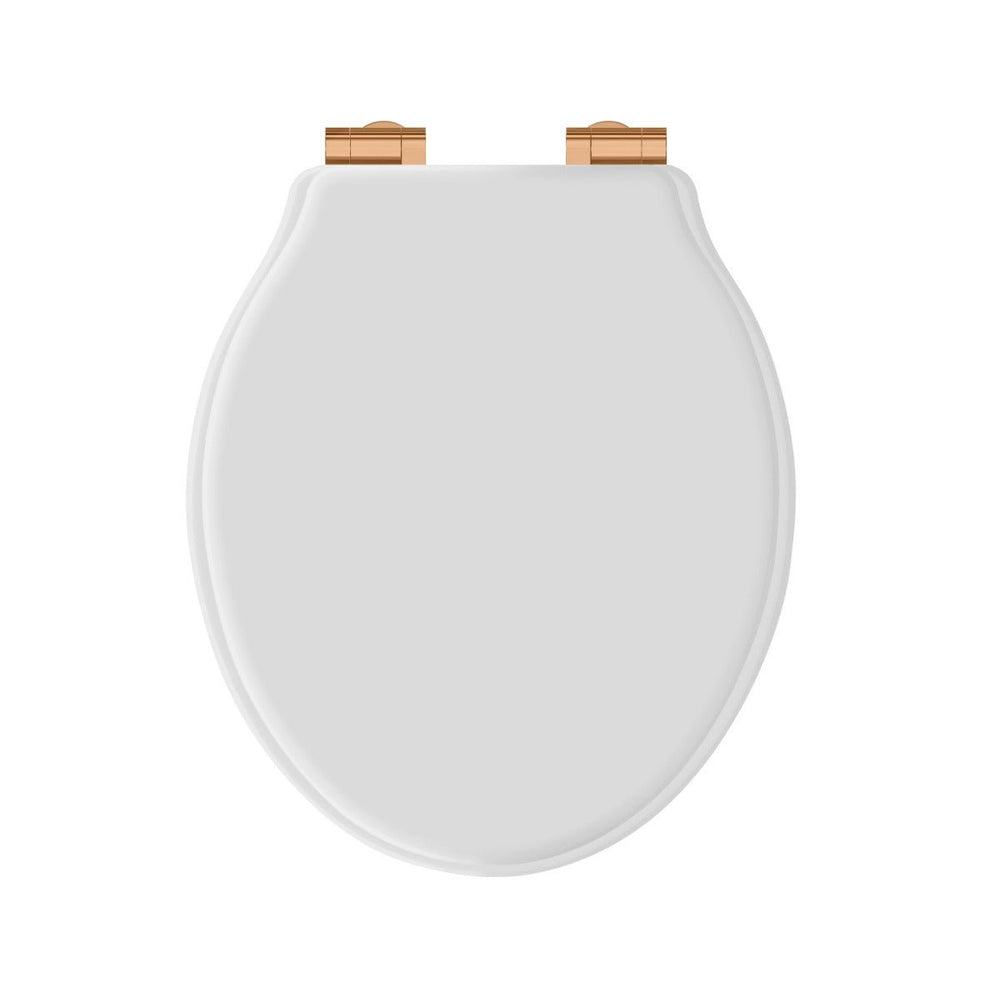 Launde Abbey Victrion White Matt Toilet Soft Close Seat - Brushed Gold - TAP 'N' SHOWER