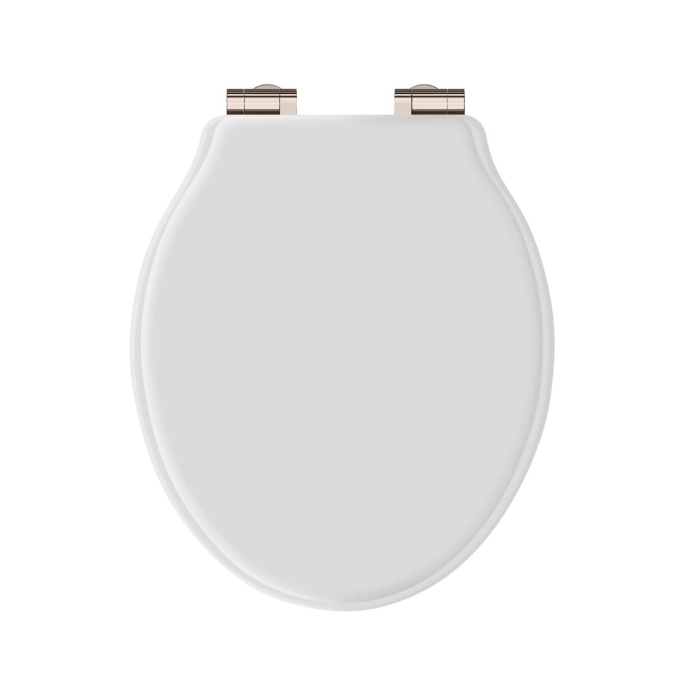 Launde Abbey Victrion White Matt Toilet Soft Close Seat - Nickel - TAP 'N' SHOWER