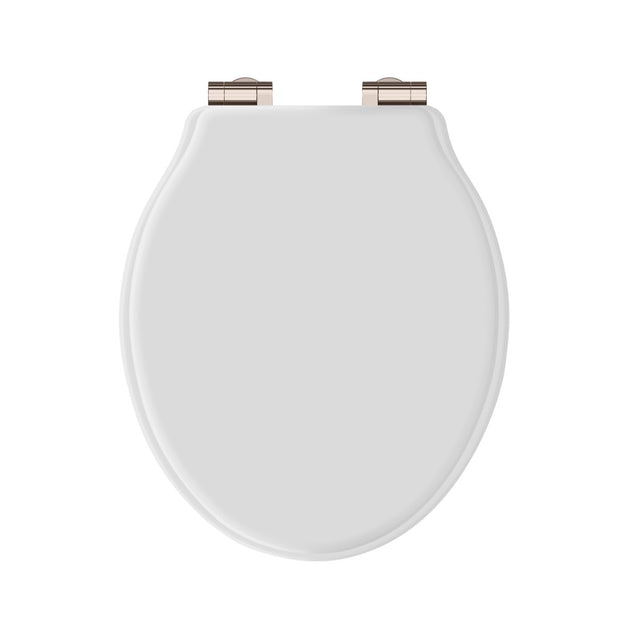 Launde Abbey Victrion White Matt Toilet Soft Close Seat - Nickel - TAP 'N' SHOWER