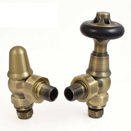 West Admiral Angled Thermostatic Radiator Valves Pair and Lockshield - Antique Brass