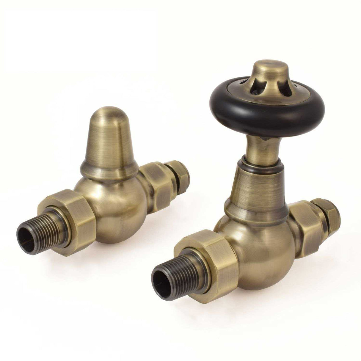 West Admiral Straight Thermostatic Radiator Valves Pair and Lockshield - Antique Brass