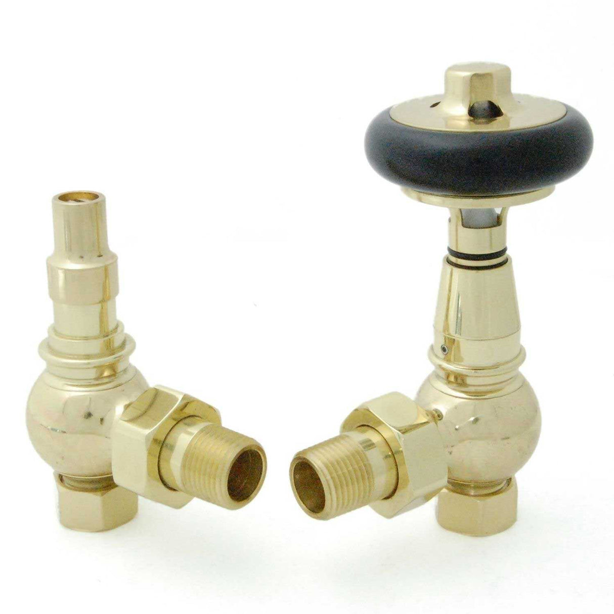 West Amberley Angled Thermostatic Radiator Valves Pair and Lockshield -Polished Brass