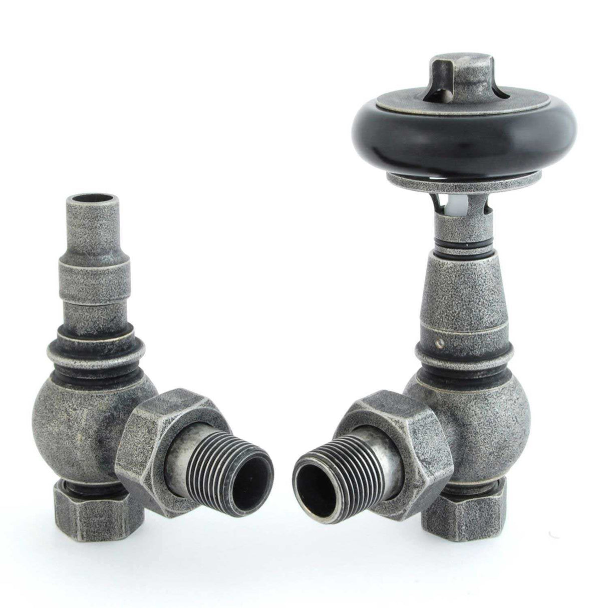 West Amberley Angled Thermostatic Radiator Valves Pair and Lockshield - Pewter