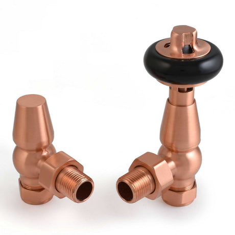 West Faringdon Angled Thermostatic Radiator Valves Pair and Lockshield -Brushed Copper