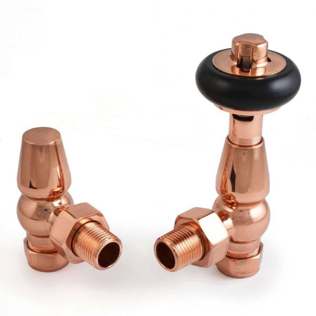 West Faringdon Angled Thermostatic Radiator Valves Pair and Lockshield -Polished Copper