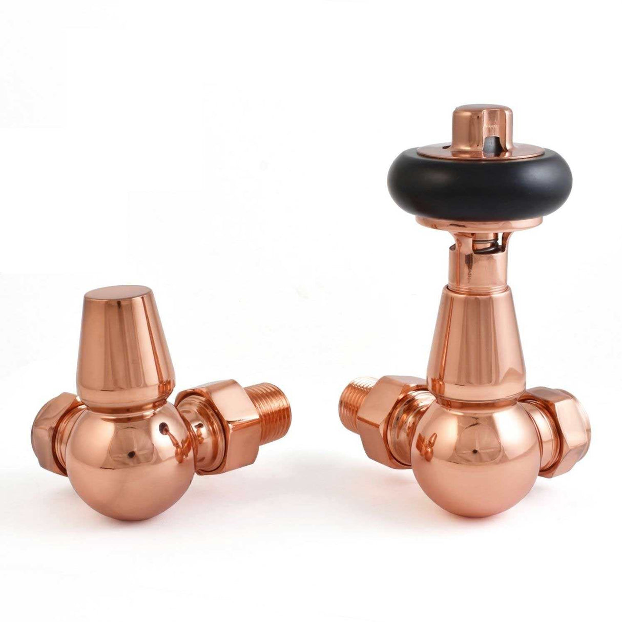 West Faringdon Corner Thermostatic Radiator Valves Pair and Lockshield -Polished Copper