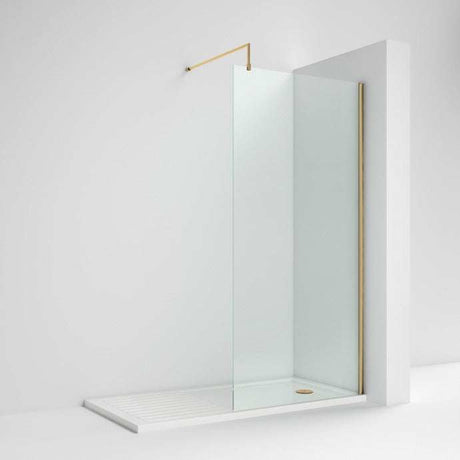 Nuie 8mm Glass Wet Room Screen 1850mm x 1400mm Wide with Support Bar - Brushed Brass - WRSCBB014