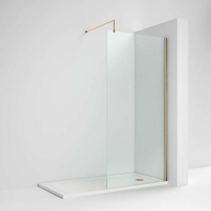 Nuie 8mm Glass Wet Room Screen 1850mm x 1400mm Wide with Support Bar - Brushed Brass - WRSCBB014 - TAP 'N' SHOWER