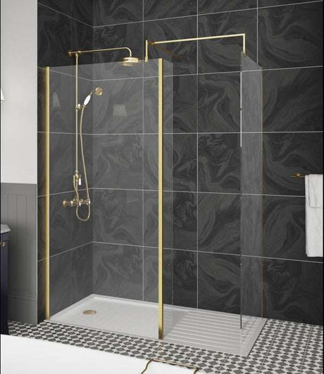 Nuie 8mm Glass Wet Room Screen 1850mm High x 800mm Wide with Support Bar  - Brushed Brass - WRSCBB080