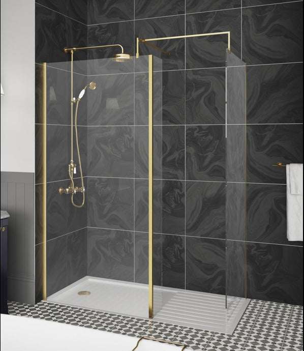 Nuie 8mm Glass Wet Room Screen 1850mm High x 800mm Wide with Support Bar  - Brushed Brass - WRSCBB080