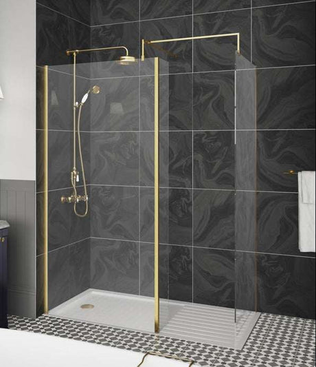 Nuie 8mm Glass with Support Bar Wet Room Screen 1850mm High  x 760mm Wide - Brushed Brass - WRSCBB076