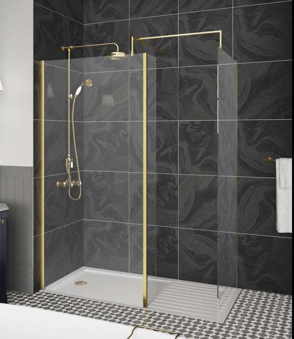 Nuie 8mm Glass with Support Bar Wet Room Screen 1850mm High x 700mm Wide - Brushed Brass - WRSCBB070