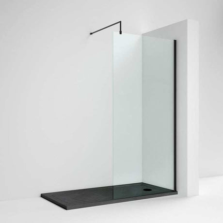 Nuie 8mm Glass Wet Room Screen 1850mm High x 1000mm Wide with Support Bar - Matt Black - WRSCBP10