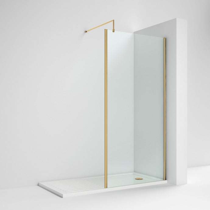 Nuie Outer Framed 8mm Glass Wetroom Screen 700mm Wide x 1850mm High with Support Bar - Brushed Brass - WRSCOBB70