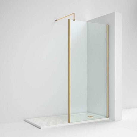 Nuie Outer Framed 8mm Glass Wetroom Screen 700mm Wide x 1850mm High with Support Bar - Brushed Brass - WRSCOBB70