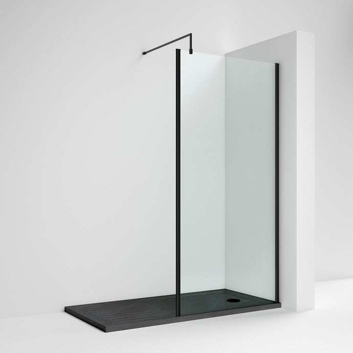 Nuie 8mm Glass Outer Framed Wetroom Screen 760mm W x 1850mm H with Support Bar - Matt Black - WRSCOBP76