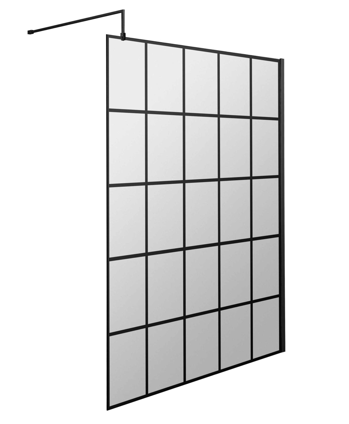 Hudson Reed Frame Effect 8mm thick clear glass wet room screen with black grid frame and support bar, 1400mm wide.