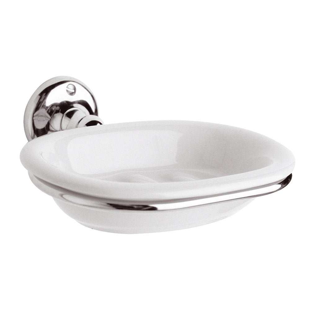 Bayswater Traditional Soap Dish with chrome metal frame and white ceramic insert wall-mounted design