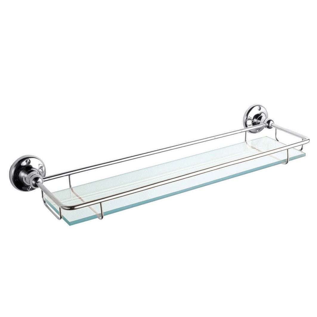 Bayswater Traditional Glass Chrome gallery shelf with brass frame and safety glass, retro design with ball joints and round backplates.