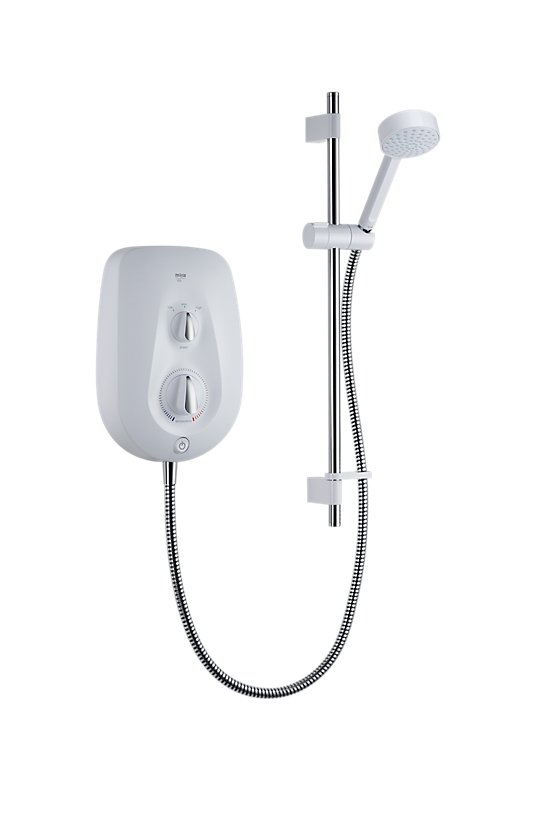 Mira Vie 9.5KW electric shower in white and chrome with separate flow and temperature controls and a handheld showerhead