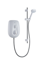 Mira Vie 9.5KW electric shower in white and chrome with separate flow and temperature controls and a handheld showerhead