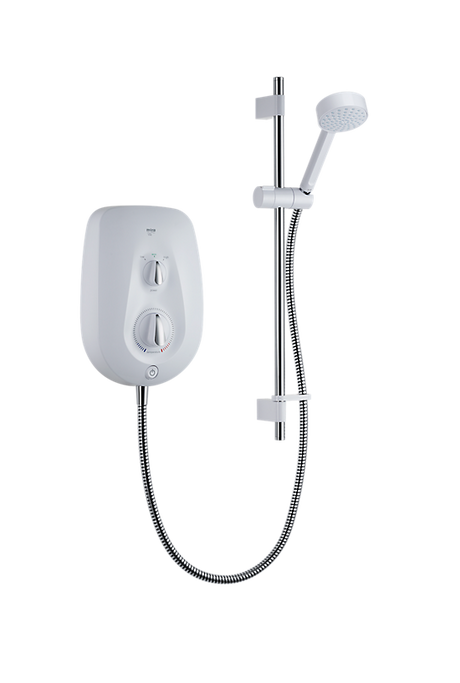 Mira Vie 9.5KW electric shower in white and chrome with separate flow and temperature controls and a handheld showerhead