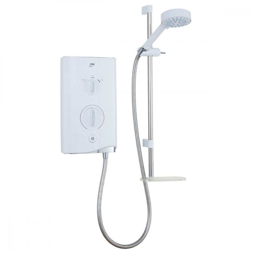 Mira Sport 9.0Kw electric shower in white and chrome with push-button controls and adjustable shower head.