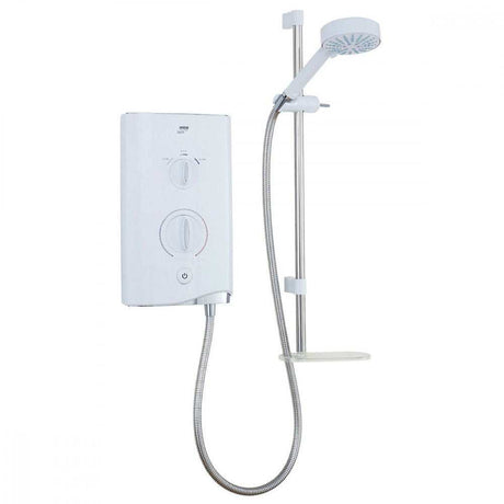 Mira Sport 9.0Kw electric shower in white and chrome with push-button controls and adjustable shower head.