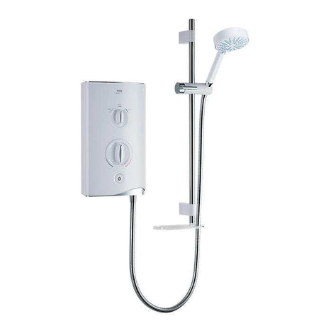 Mira Sport 9.8Kw white and chrome electric shower with adjustable showerhead and dual control knobs for temperature and power.