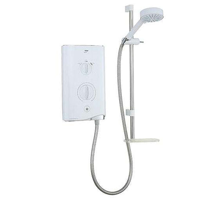 Mira Sport Thermostatic 9.0Kw electric shower with white and chrome finish, adjustable showerhead, and thermostatic temperature control