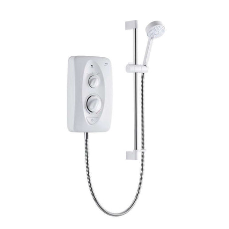 White and chrome Mira Jump MultiFit Shower 9.5kW electric shower with adjustable temperature and flow controls and flexible installation features