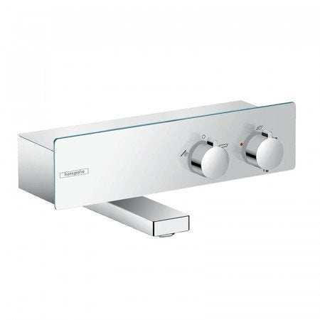 Hansgrohe ShowerTablet Thermostatic Bath Mixer 350 with sleek chrome finish and dual knobs for precise temperature control, designed for exposed installation.
