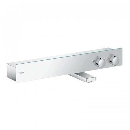 Hansgrohe ShowerTablet thermostatic bath mixer 600 with chrome finish, control knobs, and built-in shelf for exposed installation.