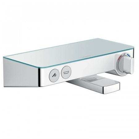 Hansgrohe ShowerTablet Select thermostatic bath mixer 300mm in white and chrome for exposed installation with temperature control and integrated select button.